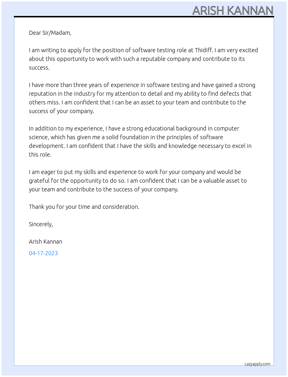 Cover letter At Thidiff Cover Letter