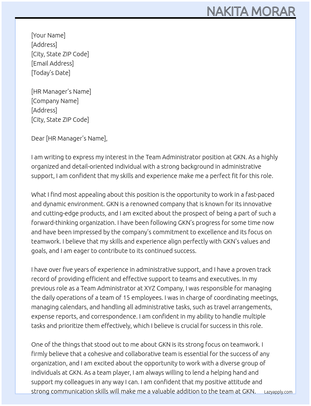 Team Administrator At GKN Cover Letter