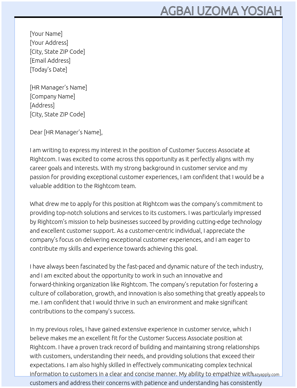 Customer Success Associate At Rightcom Cover Letter