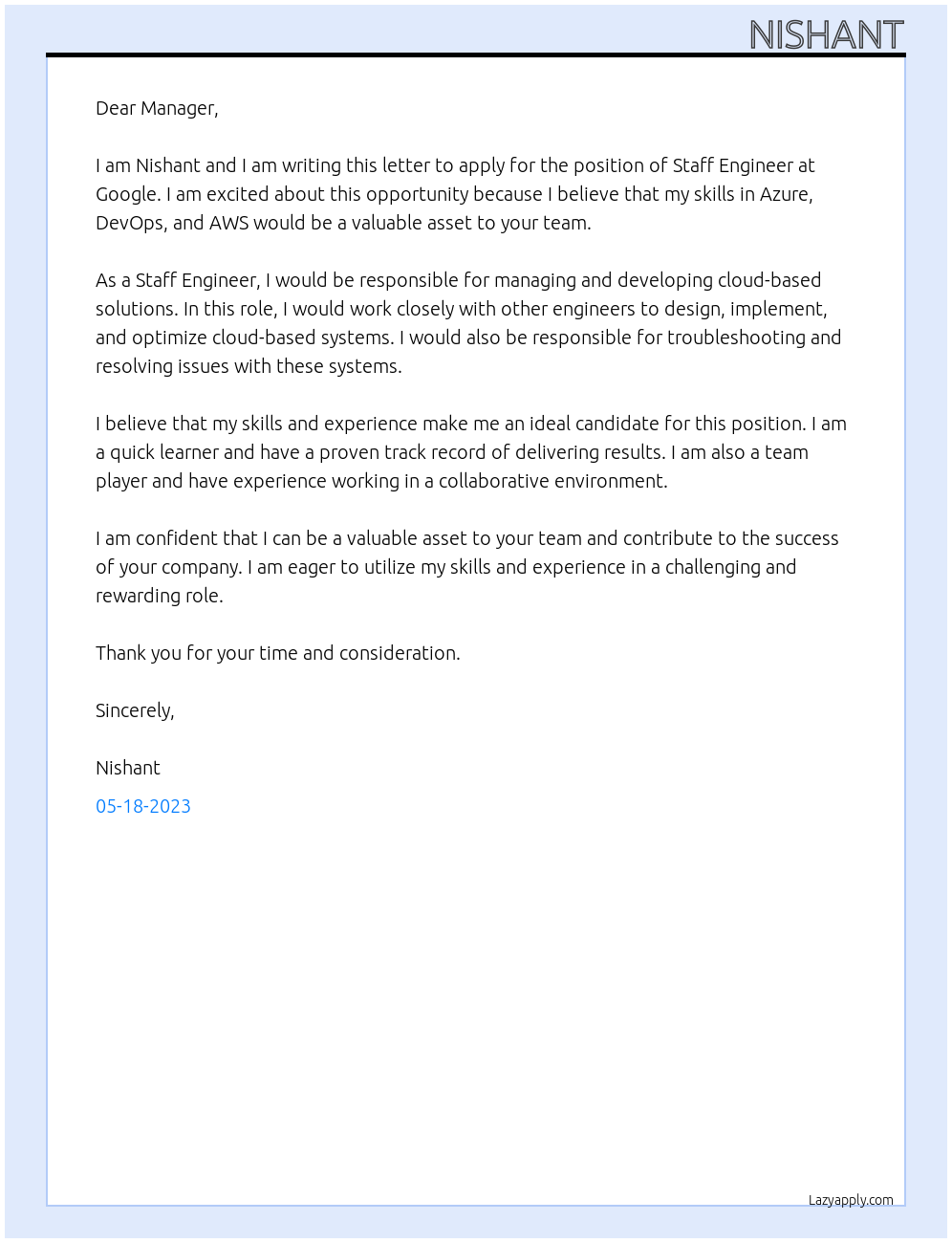 Staff engineer At Google Cover Letter