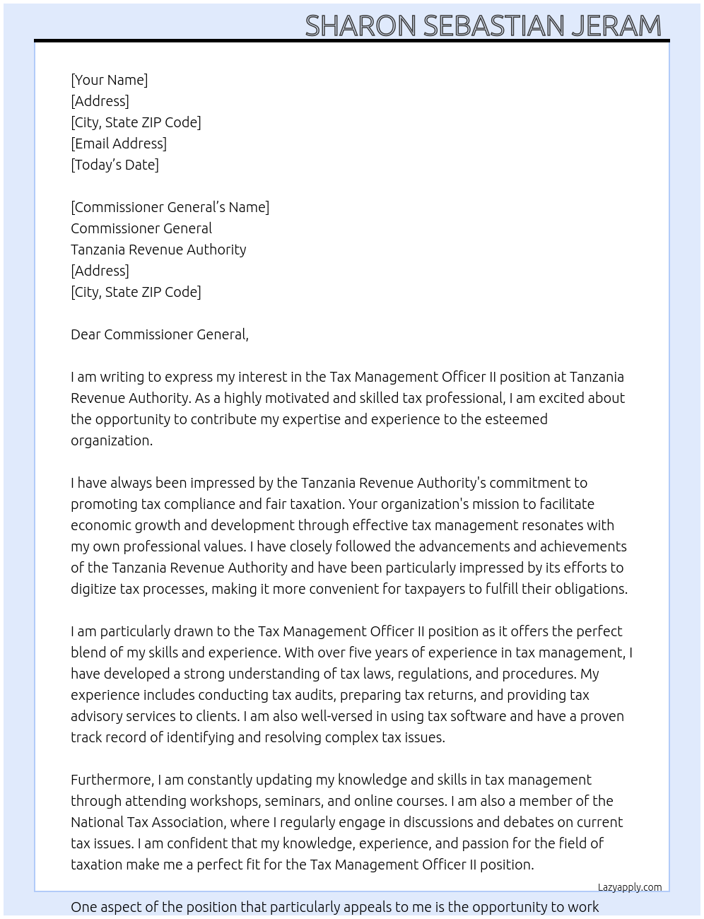Tax management officer II At Tanzania Revenue Authority  Cover Letter