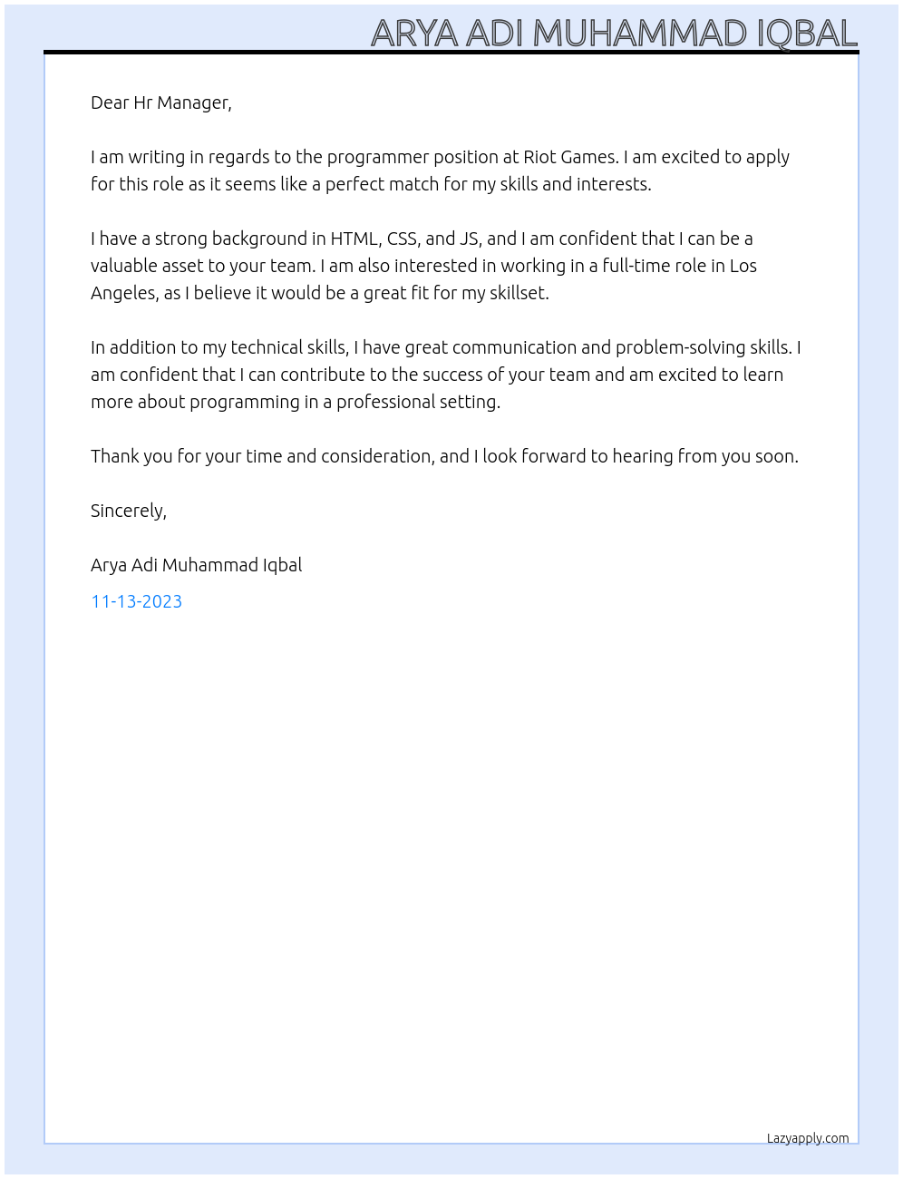 Programmer At Riot Games Cover Letter