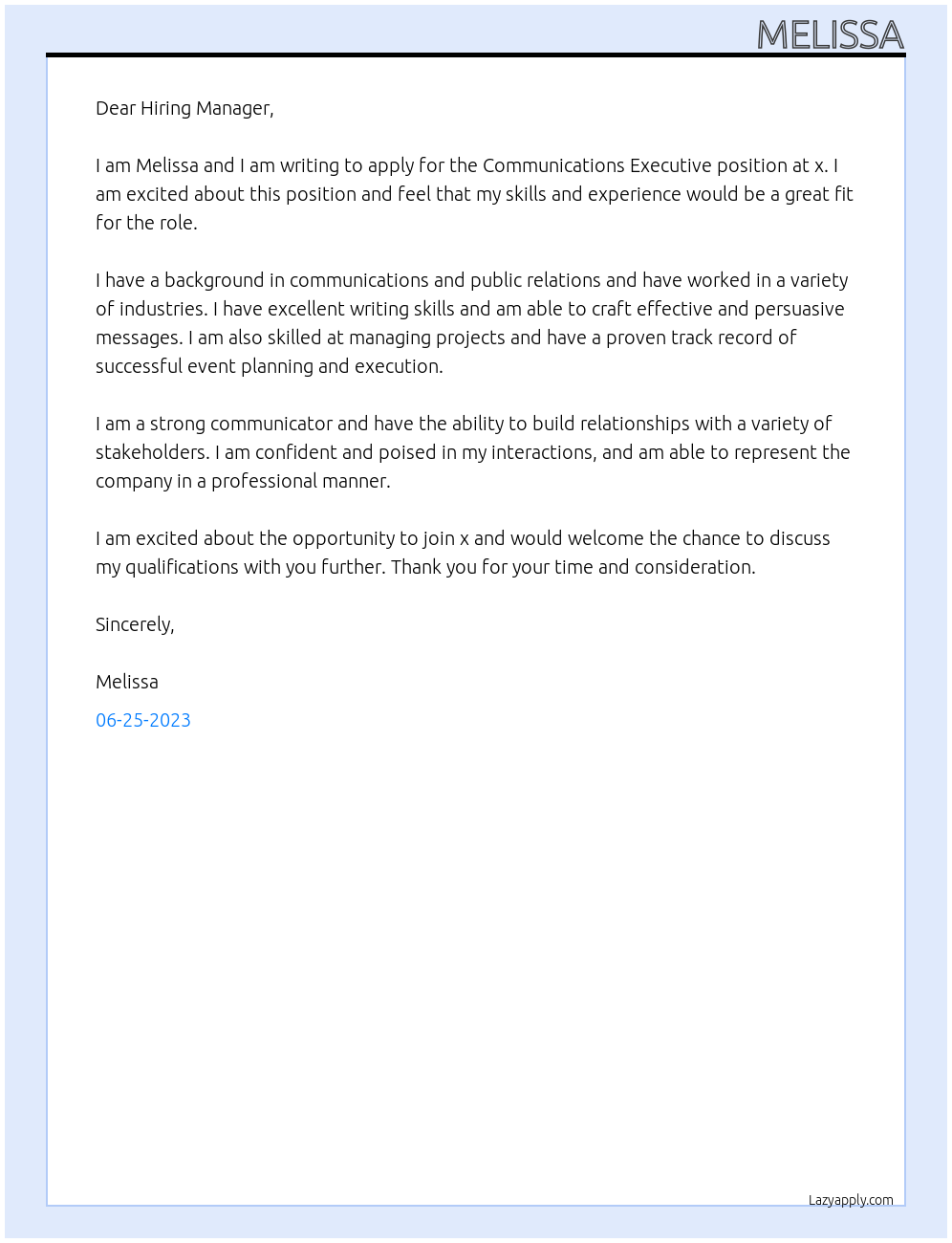 Communications Executive  At x Cover Letter