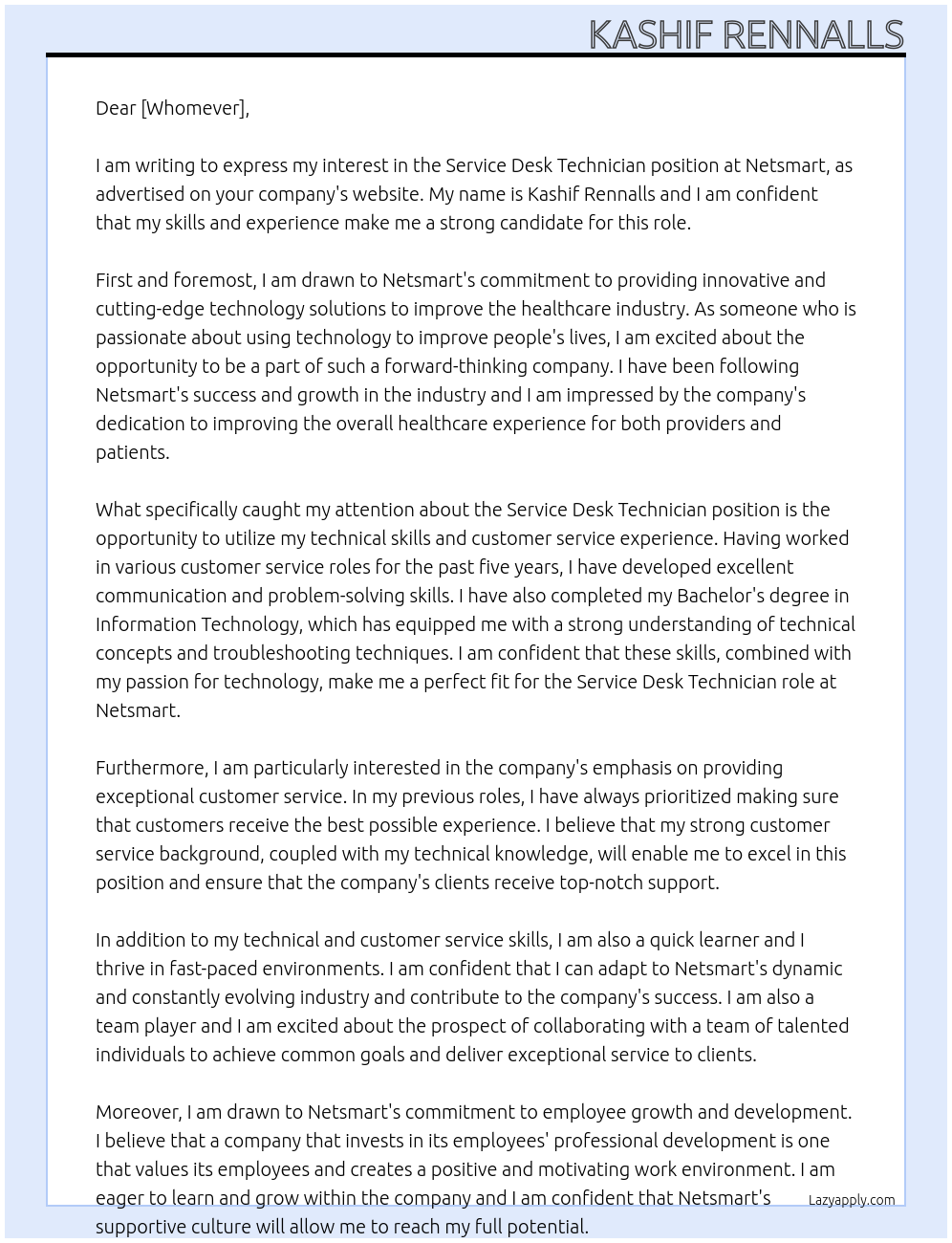 Service Desk Technician At Netsmart Cover Letter