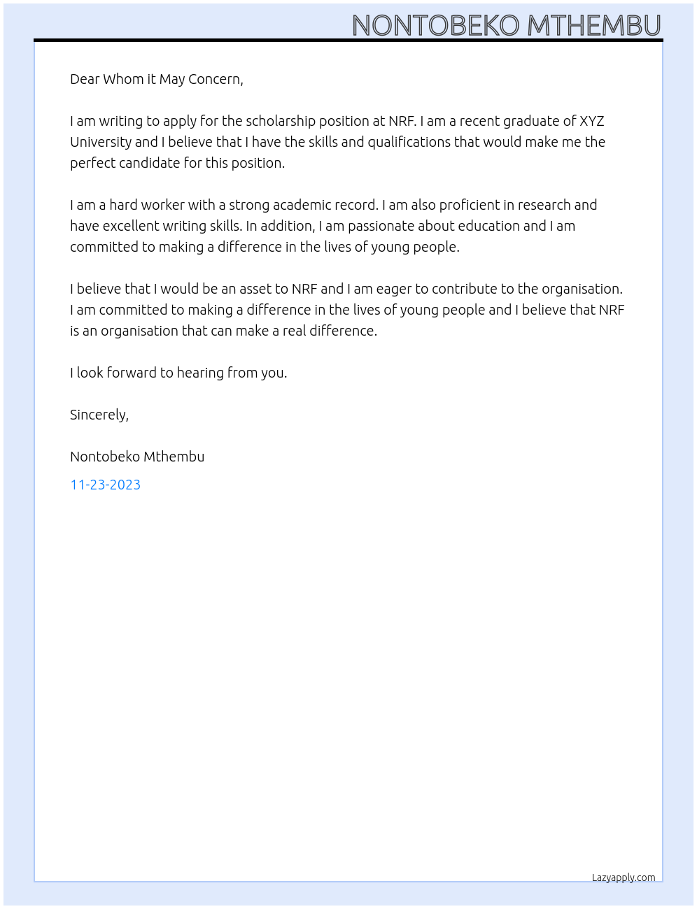 Scholarship At NRF Cover Letter