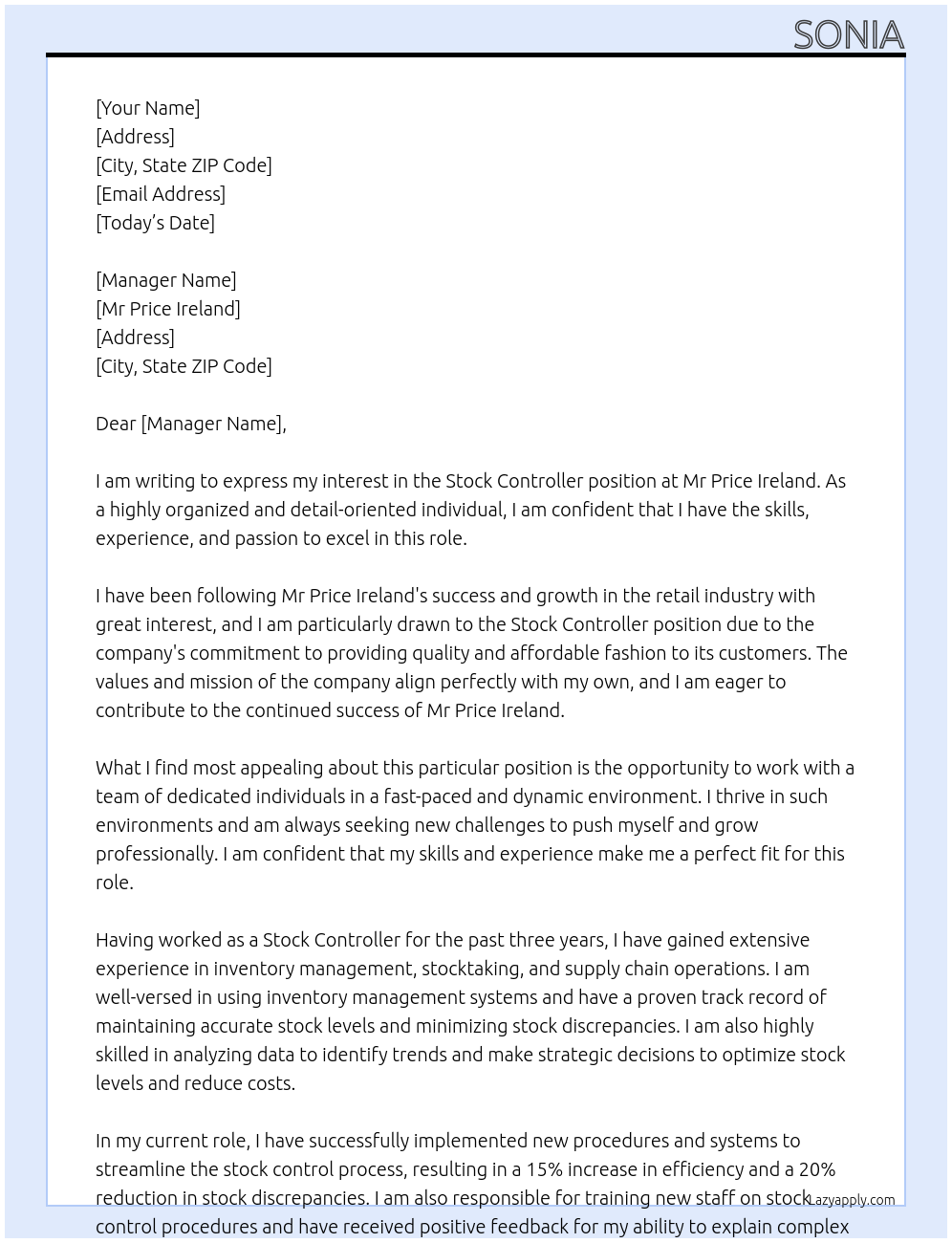 Stock Controller At Mr Price Ireland Cover Letter