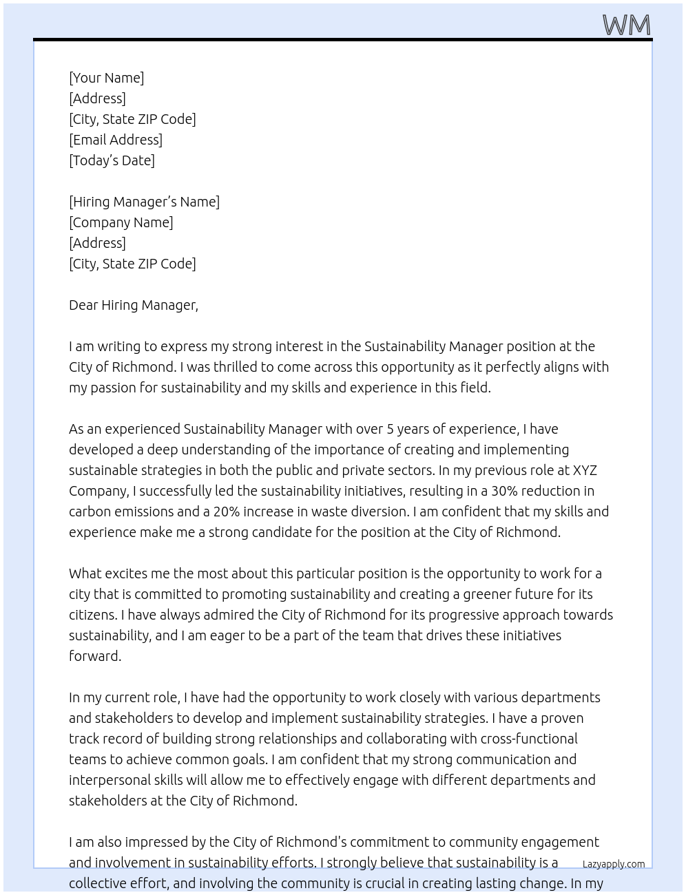 Sustainability Manager At City of Richmond  Cover Letter