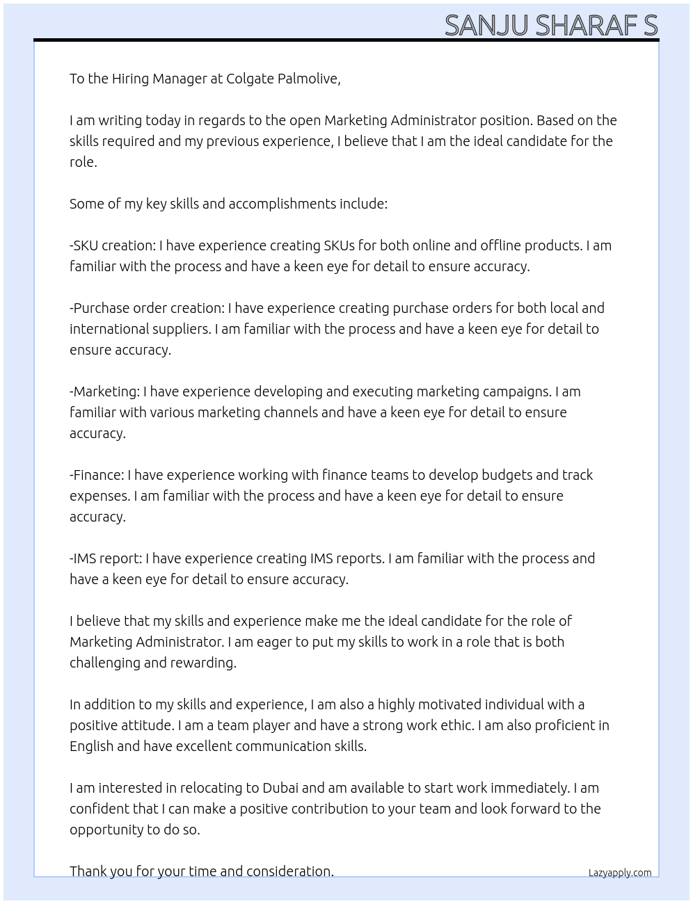 Marketing administrator  At Colgate Palmolive  Cover Letter