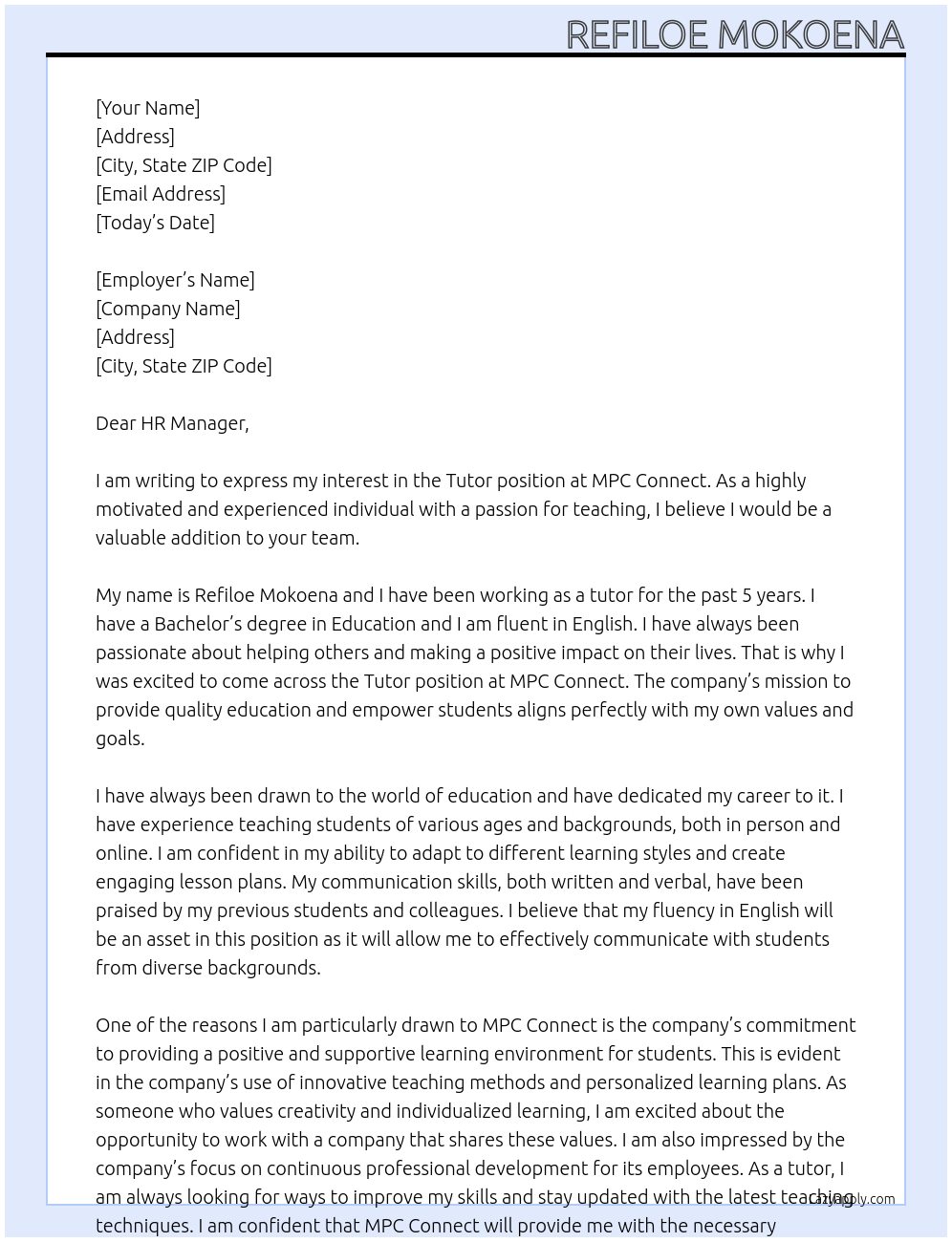 tutor At Mpc connect Cover Letter