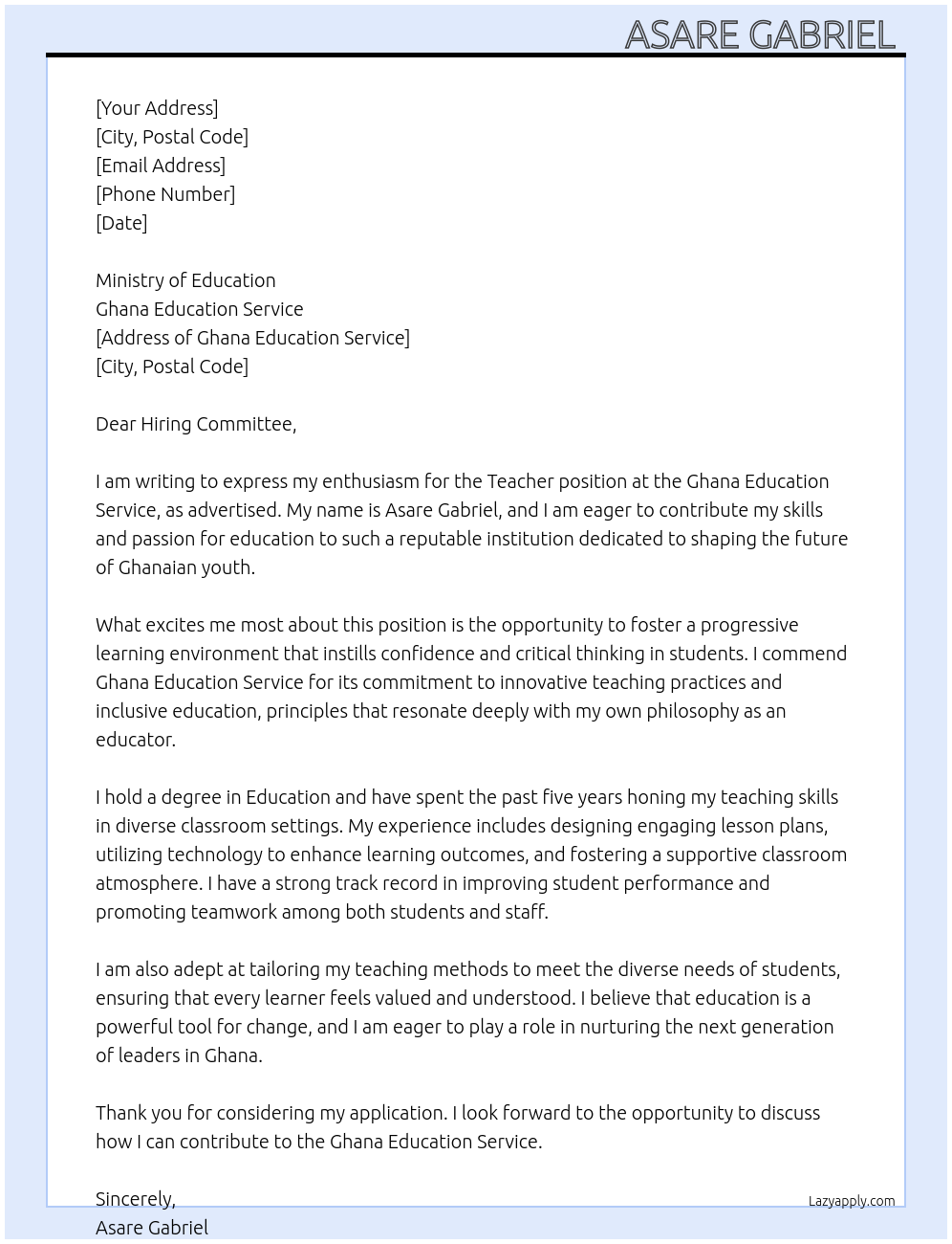 Teacher At Ghana Education Service Cover Letter