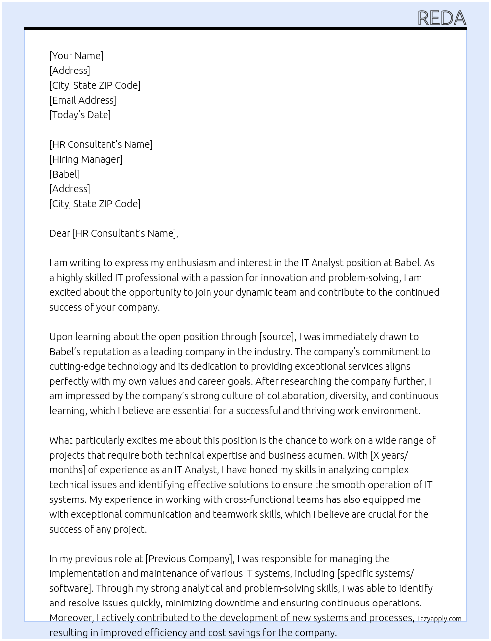 IT ANALYST At Babel Cover Letter