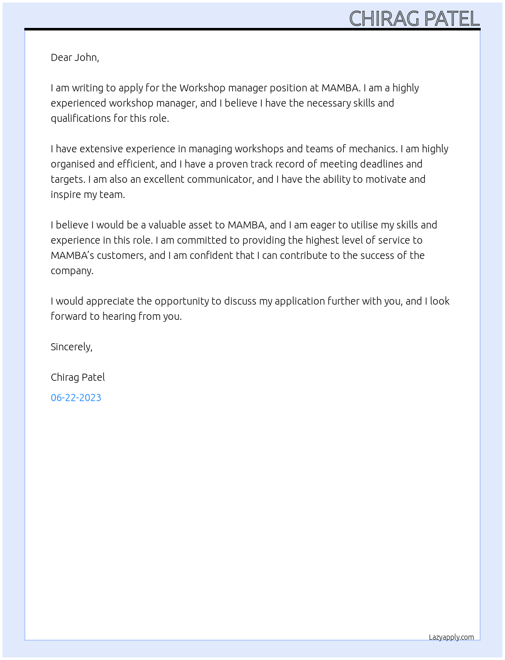 Workshop manager  At MAMBA Cover Letter