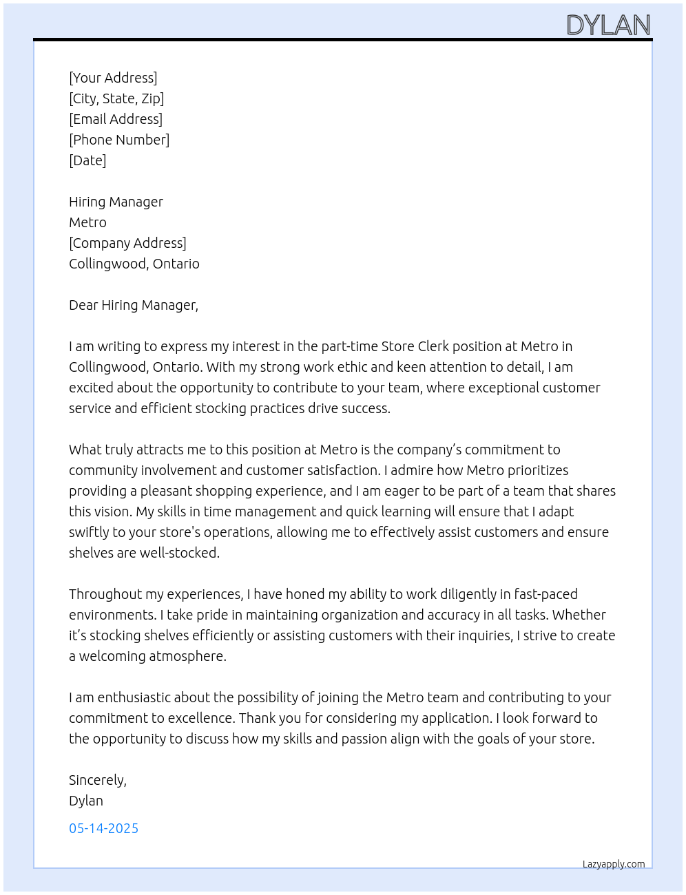 Store clerk At Metro Cover Letter
