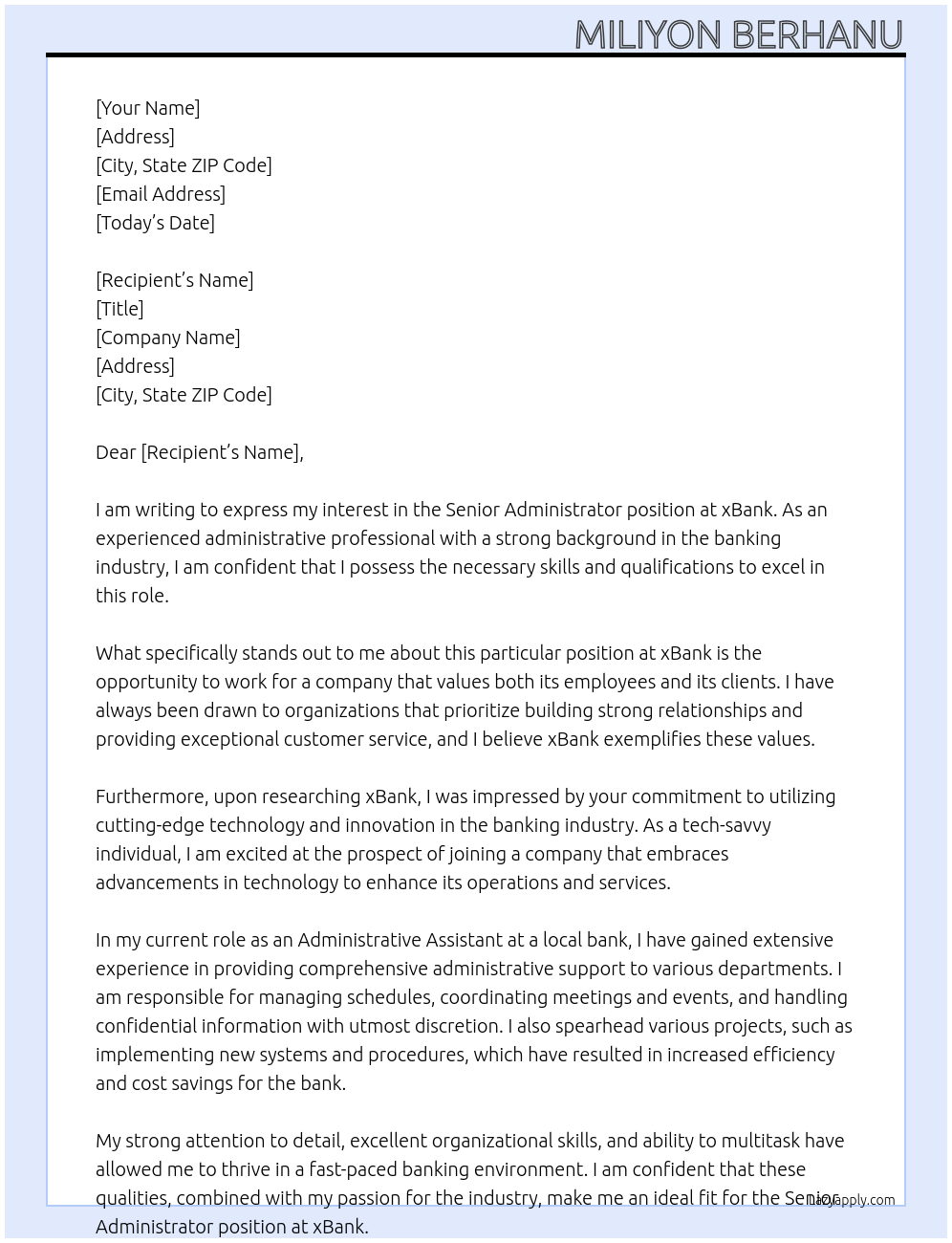 Senior Administrator At xBank Cover Letter