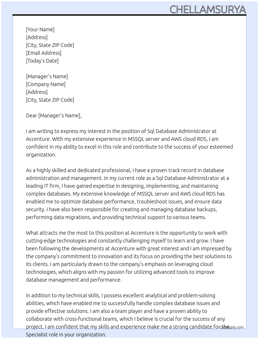 Sql database administrator  At Accenture  Cover Letter