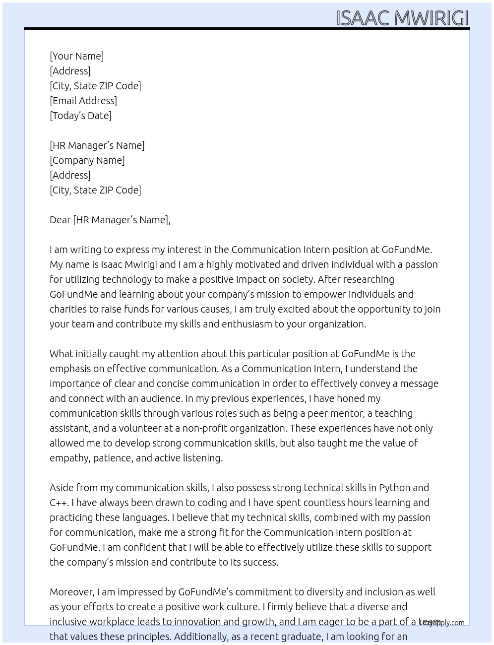 communication intern At gofundme Cover Letter