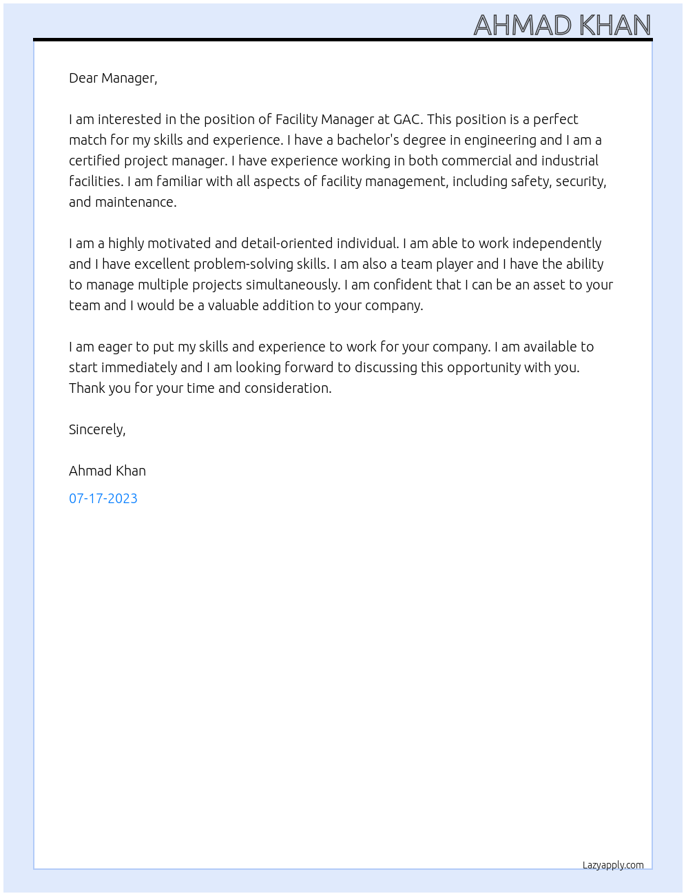 Facility Manager At GAC Cover Letter