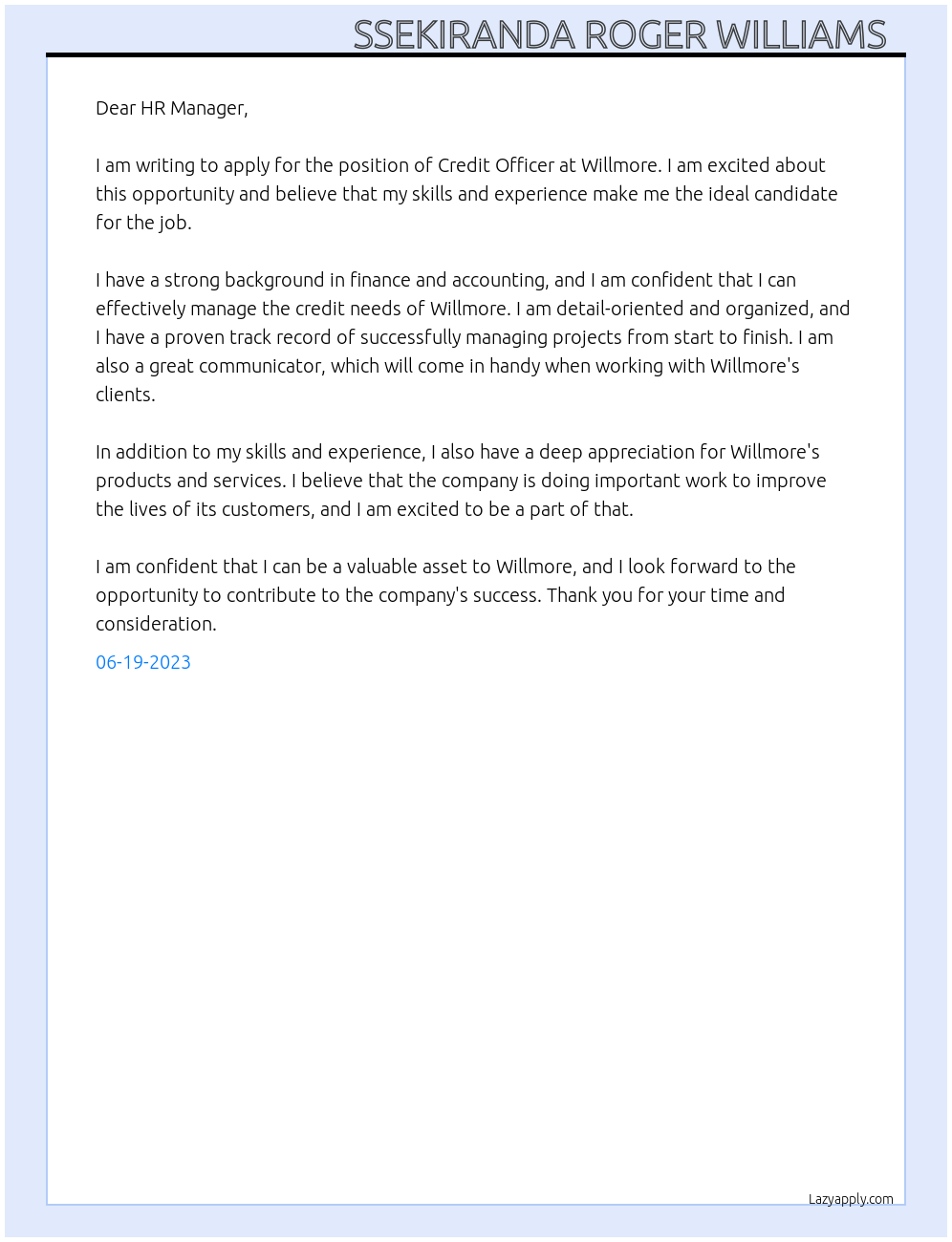 credit officer At willmore Cover Letter