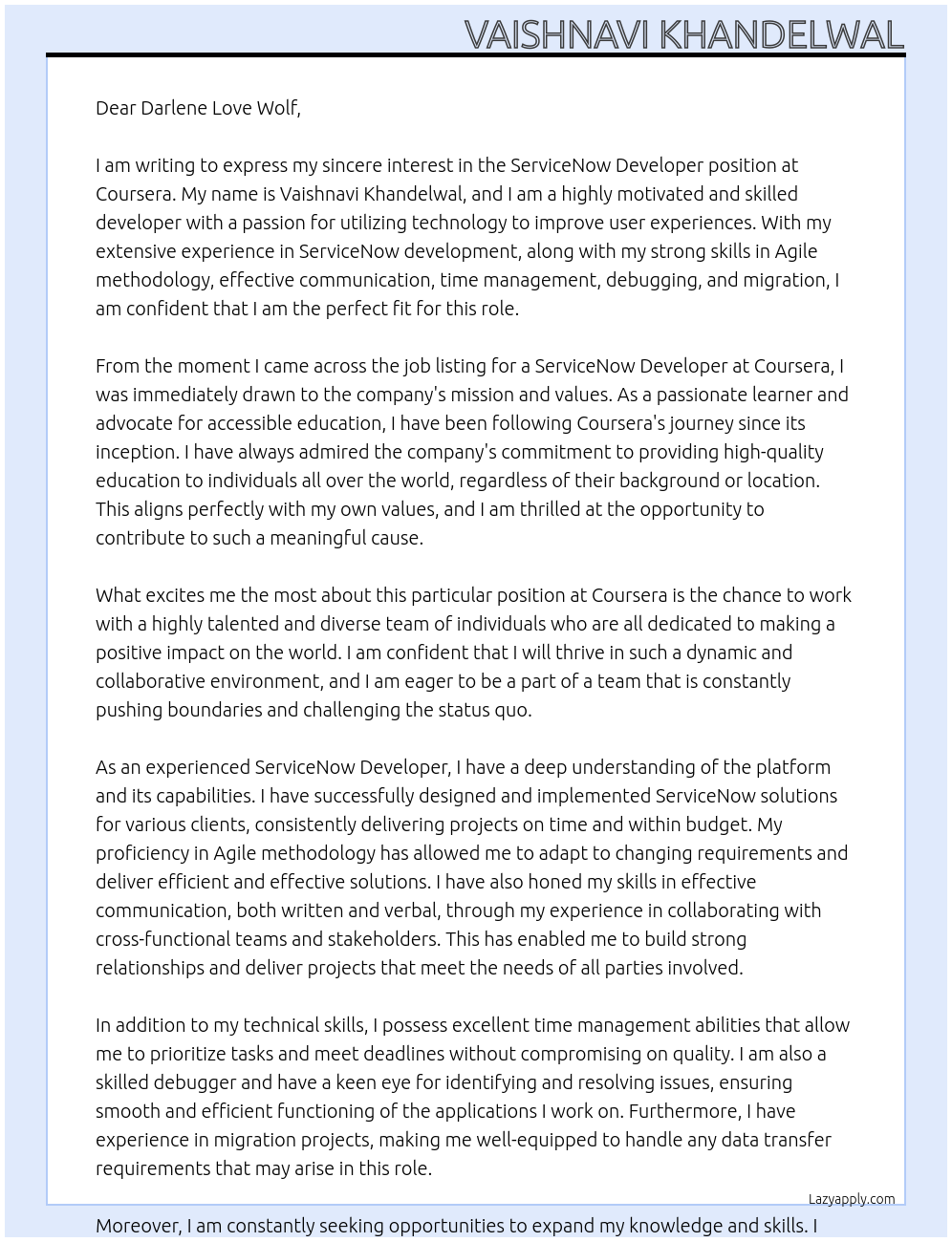 ServiceNow Developer At Coursera Cover Letter