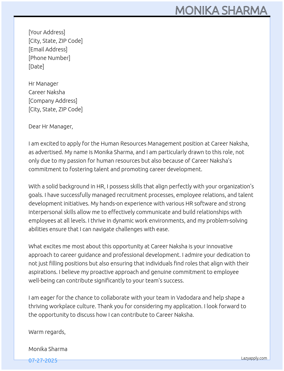 Human resources management  At Career Naksha  Cover Letter