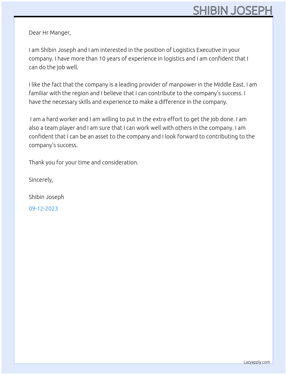 Logistics Executive At Man power Group Middle East Cover Letter