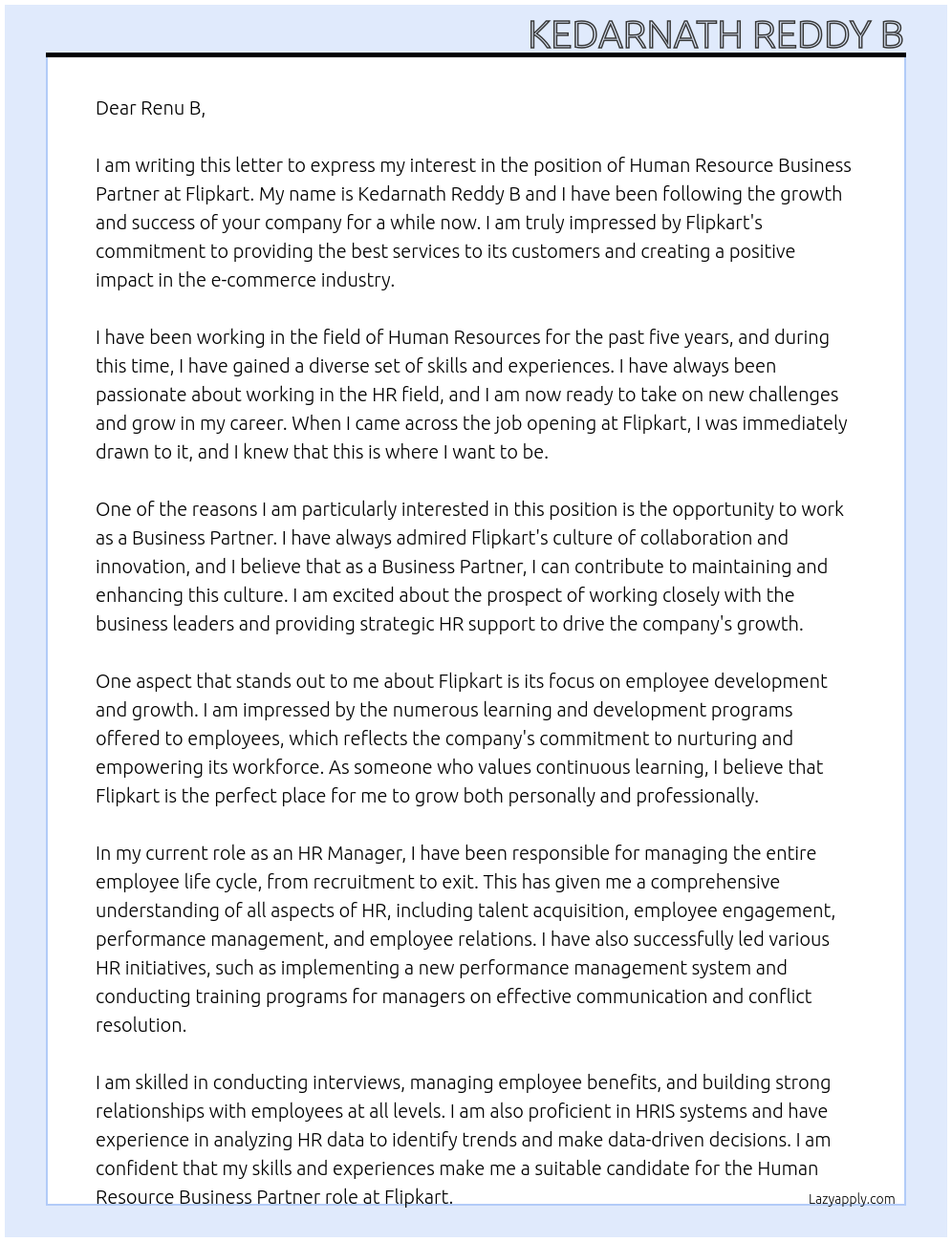 Human Resource Business Partner At Flipkart Cover Letter