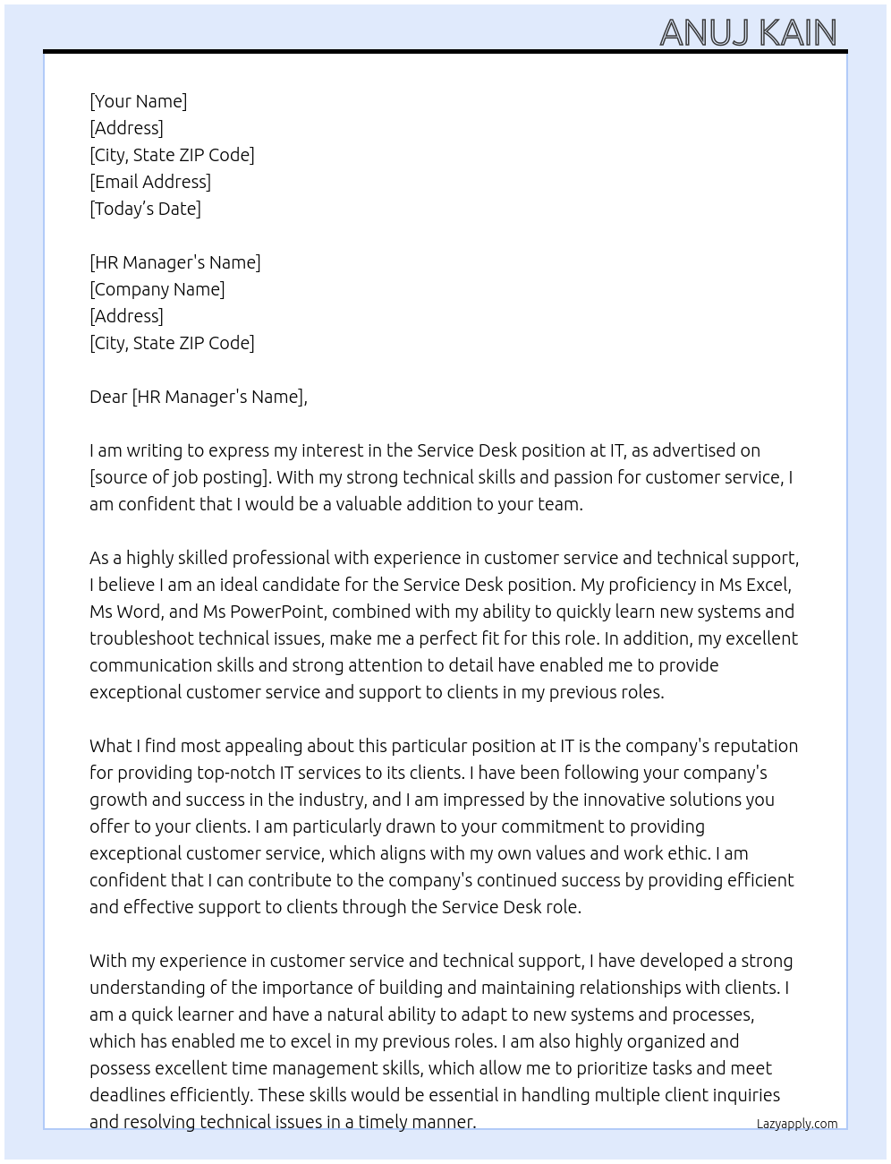 Service desk  At IT  Cover Letter