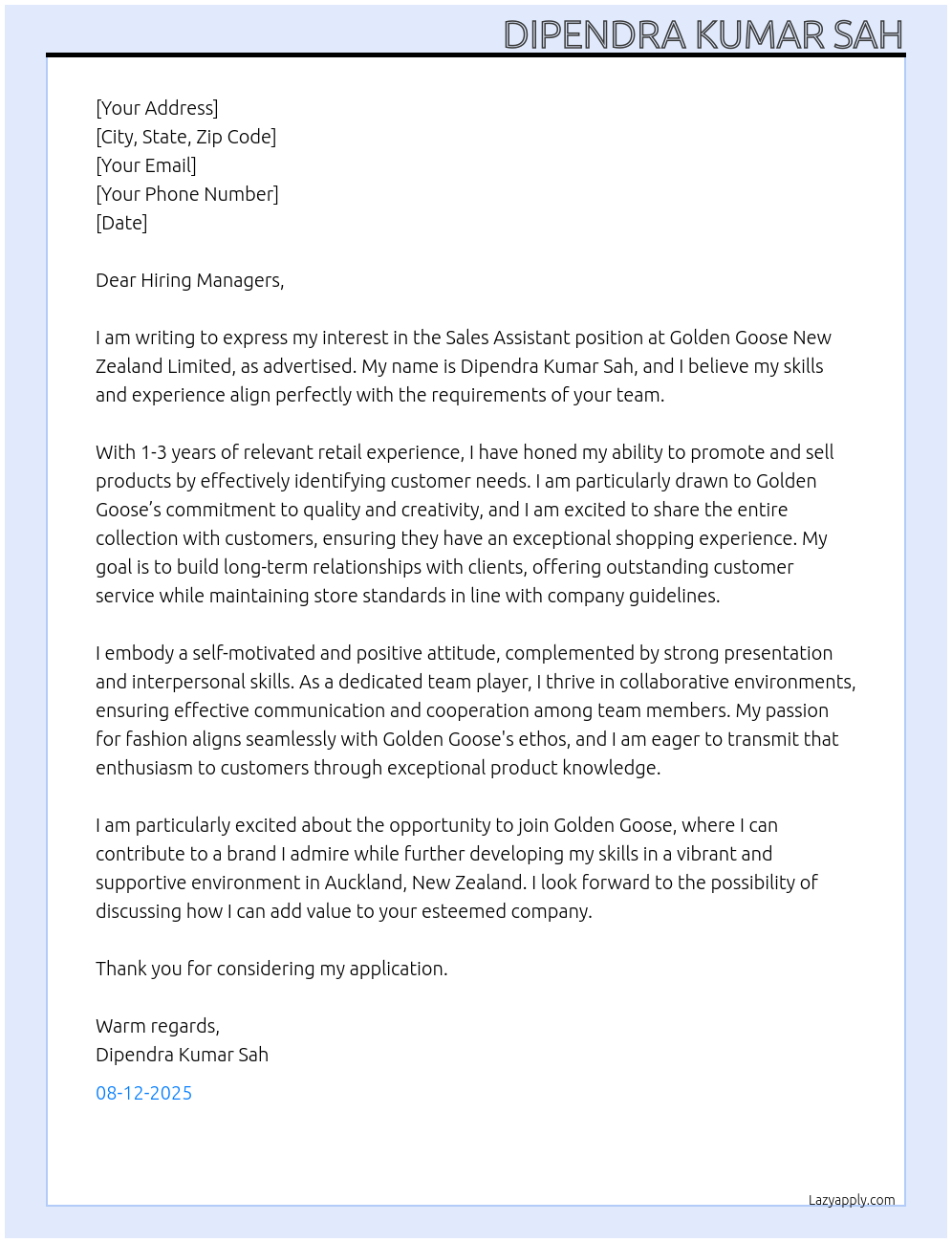 Sales assistant At Golden Goose New Zealand Limited Cover Letter