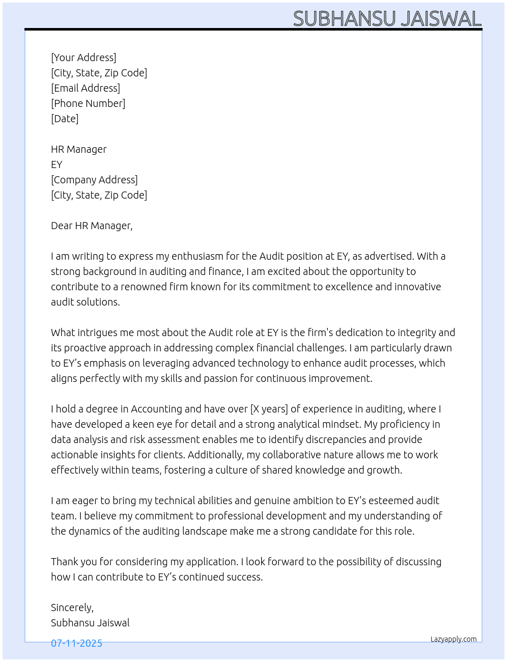 Audit At EY Cover Letter