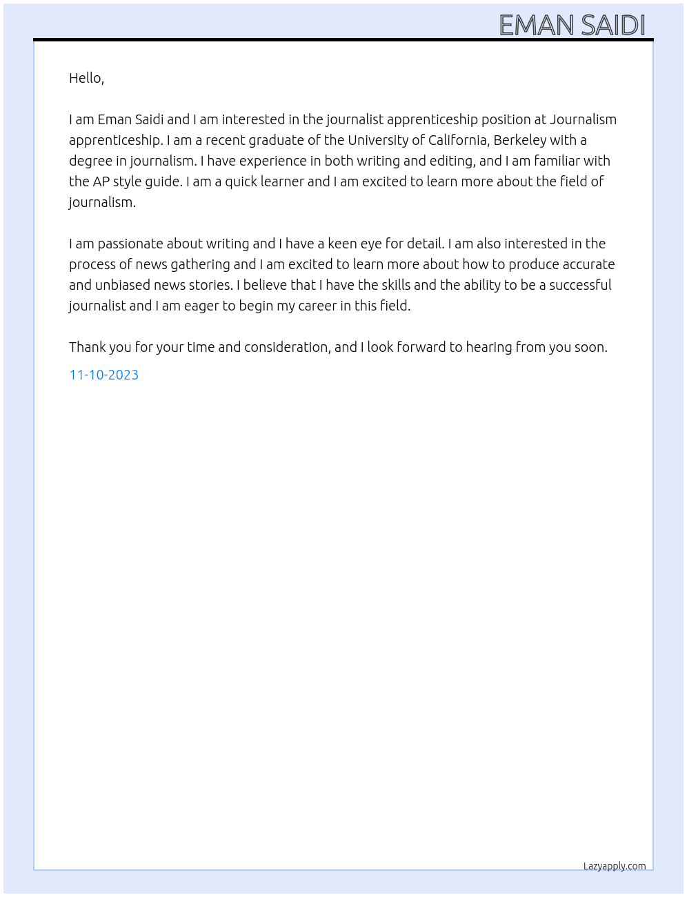 Journalist At Journalism apprenticeship Cover Letter