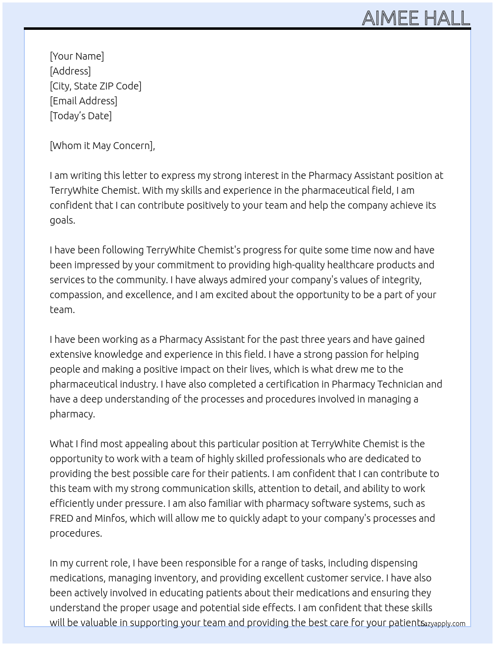 Pharmacy Assistant At TerryWhite Chemist Cover Letter