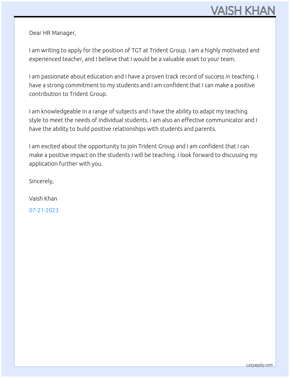 TGT At Trident Group Cover Letter