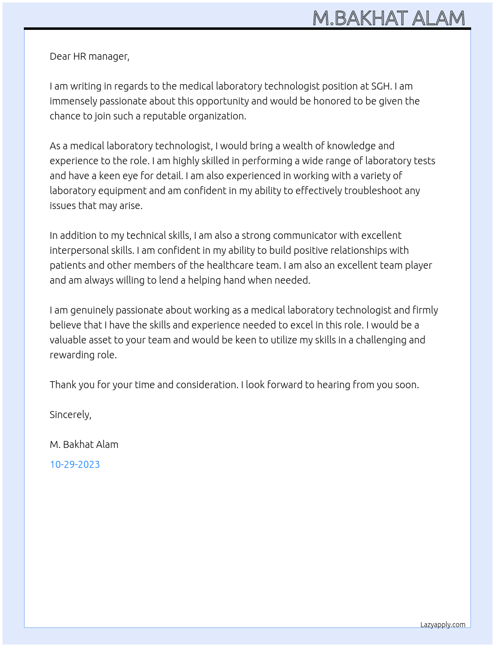 medical laboratory technologist At SGH Cover Letter