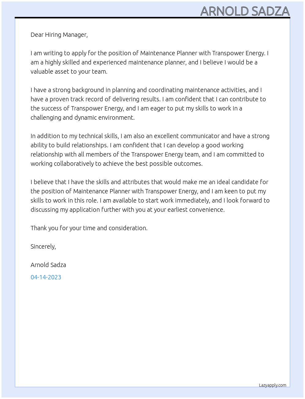 Maintenance Planner At Transpower Energy Cover Letter