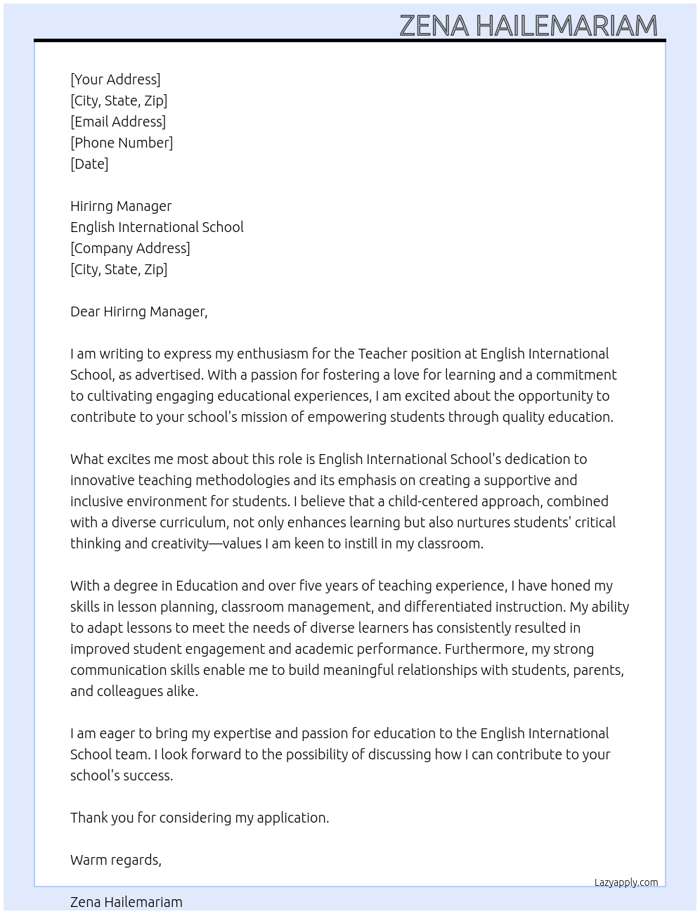 Teacher At English international school Cover Letter