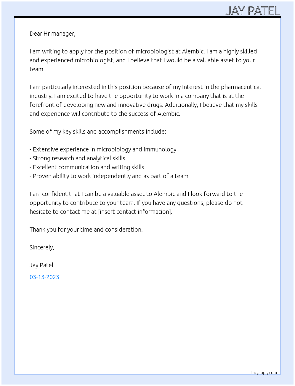 Microbiologist At Alembic Cover Letter