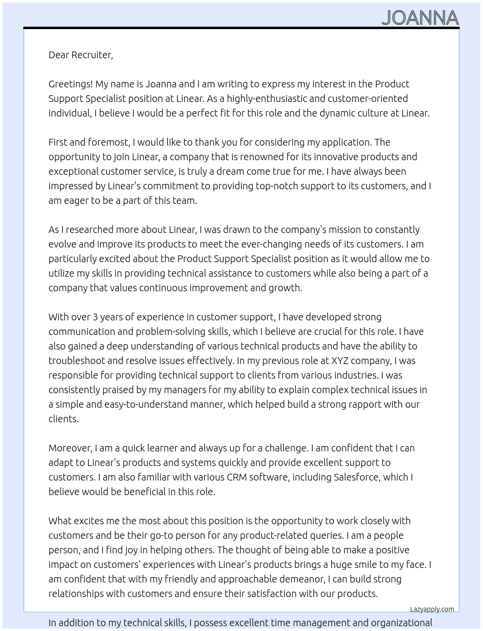 Product Support Specialist At linear Cover Letter