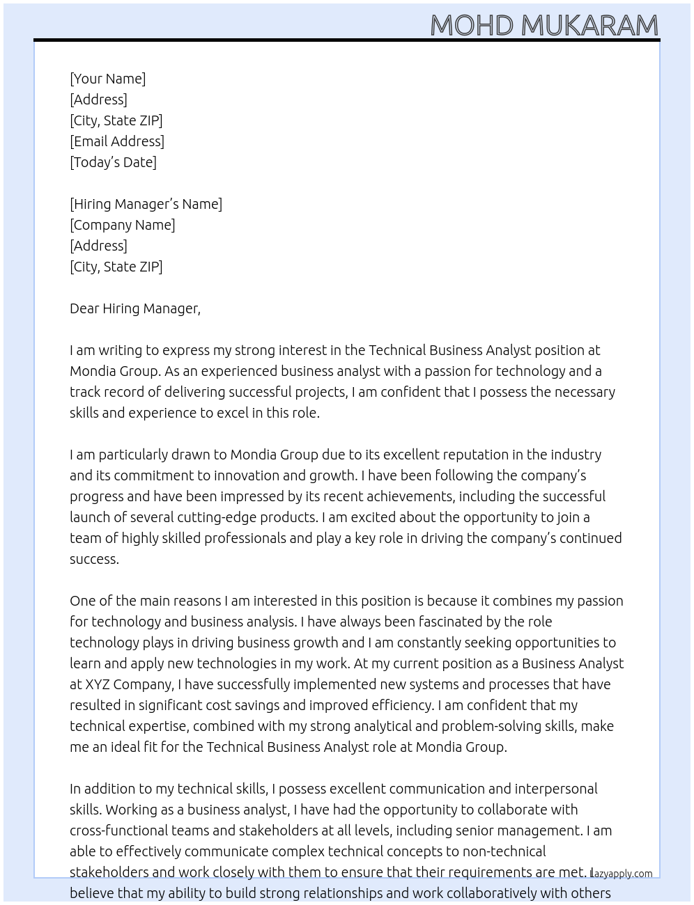Technical business analyst  At Mondia group Cover Letter