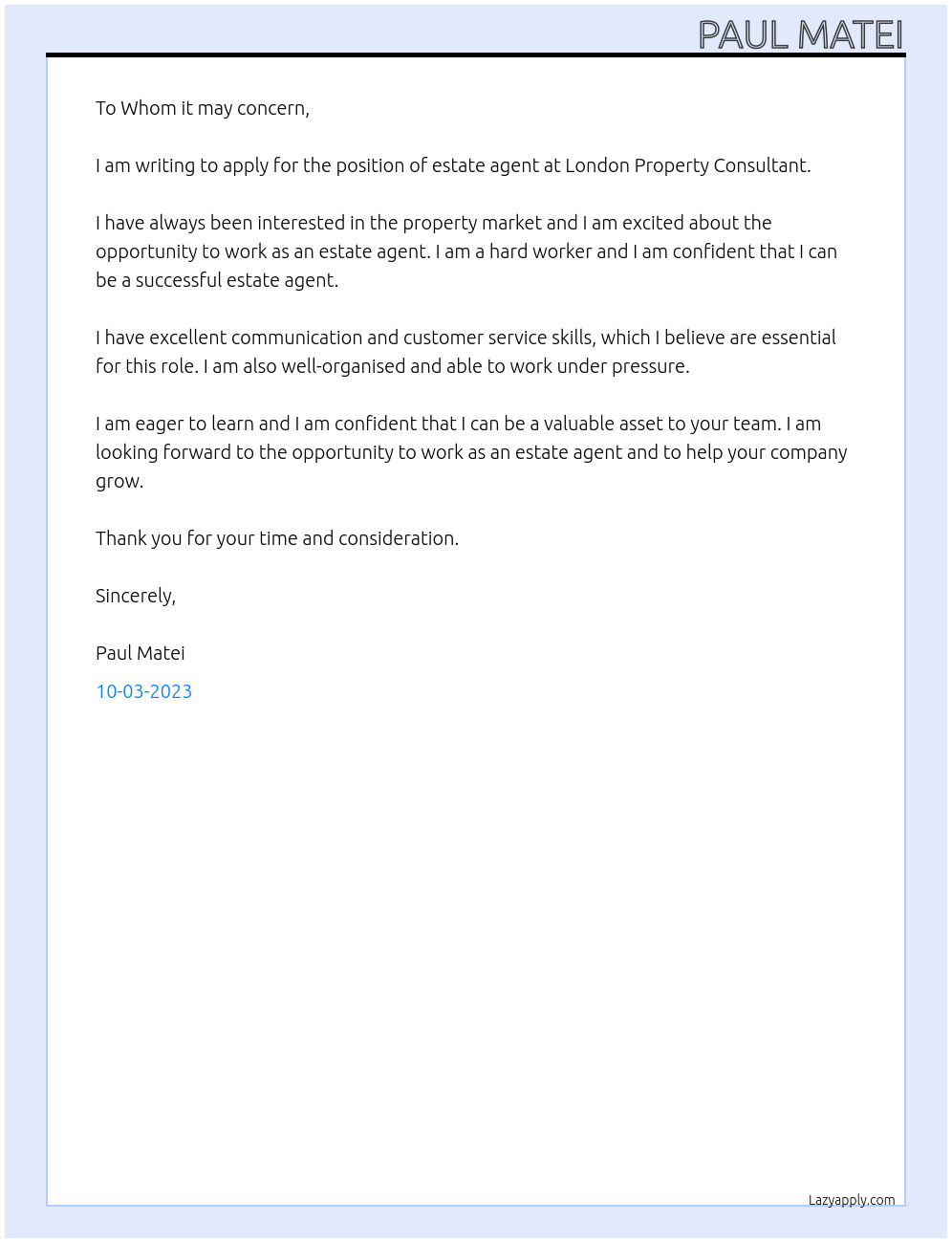 estate agent At London Property Consultant Cover Letter