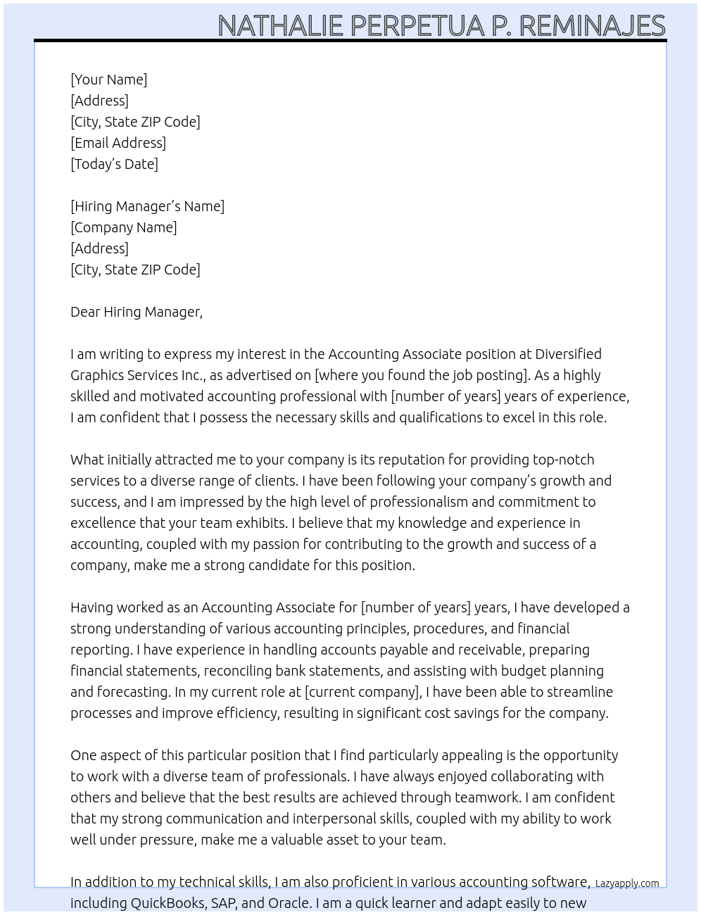 Accounting Associate At Diversified Graphics Services Inc. Cover Letter