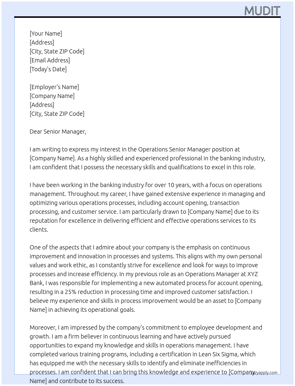 Operation At bank Cover Letter