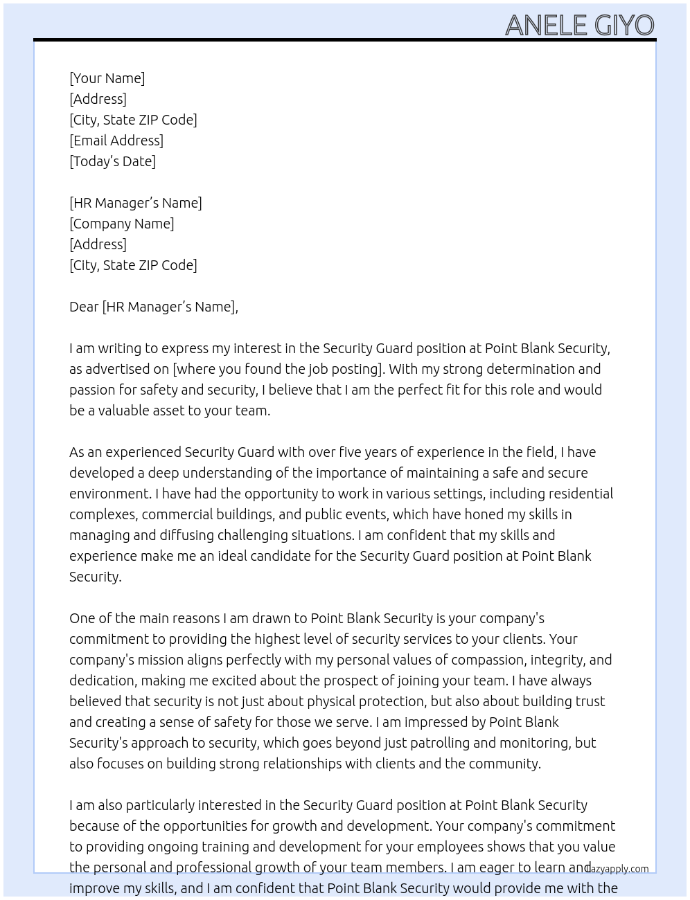 Security Guard At Point Blank Security Cover Letter