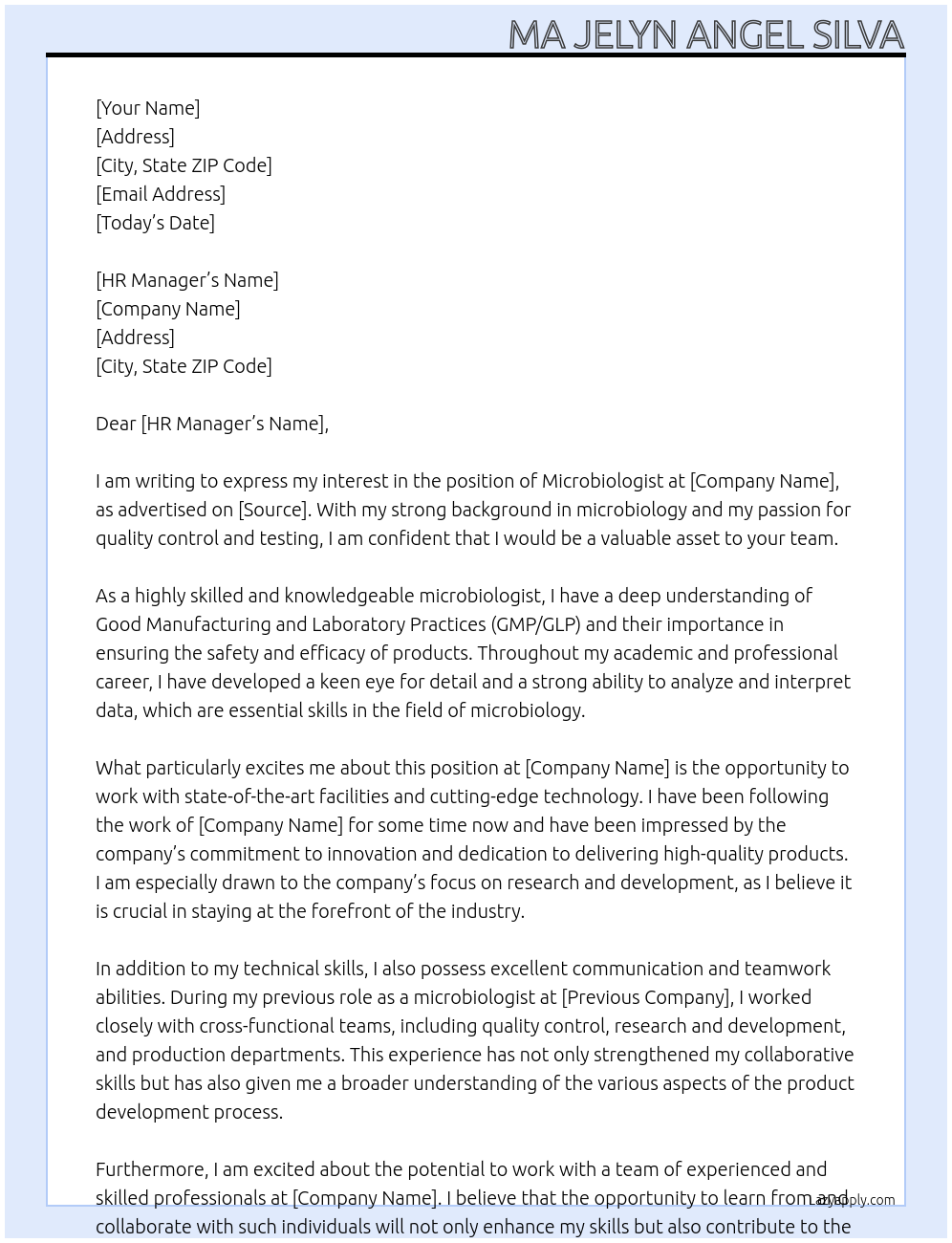 Microbiologist At Company Cover Letter