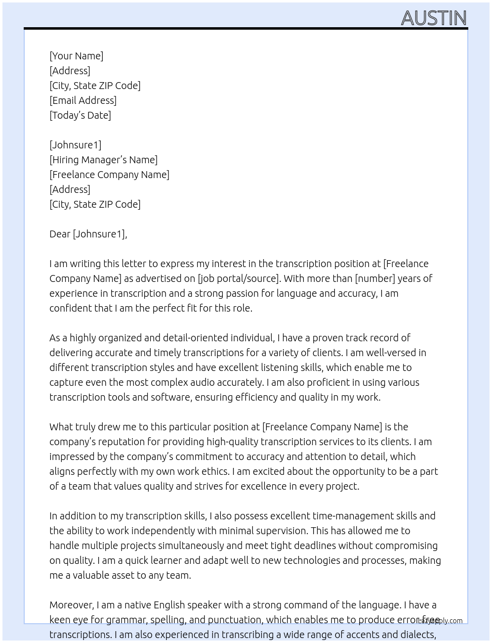 transcription At freelance Cover Letter