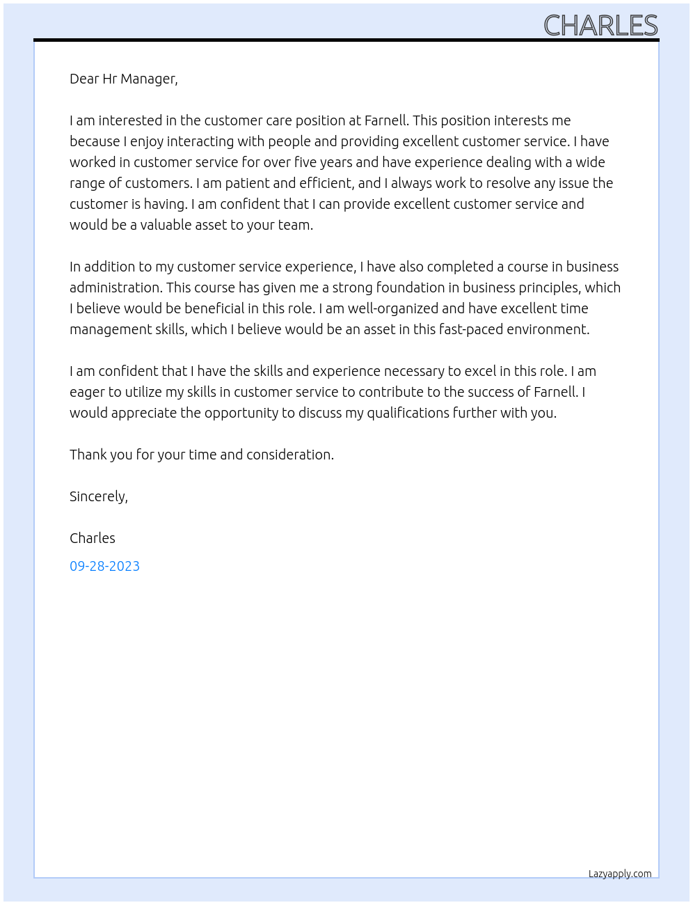Customer Care At Farnell Cover Letter