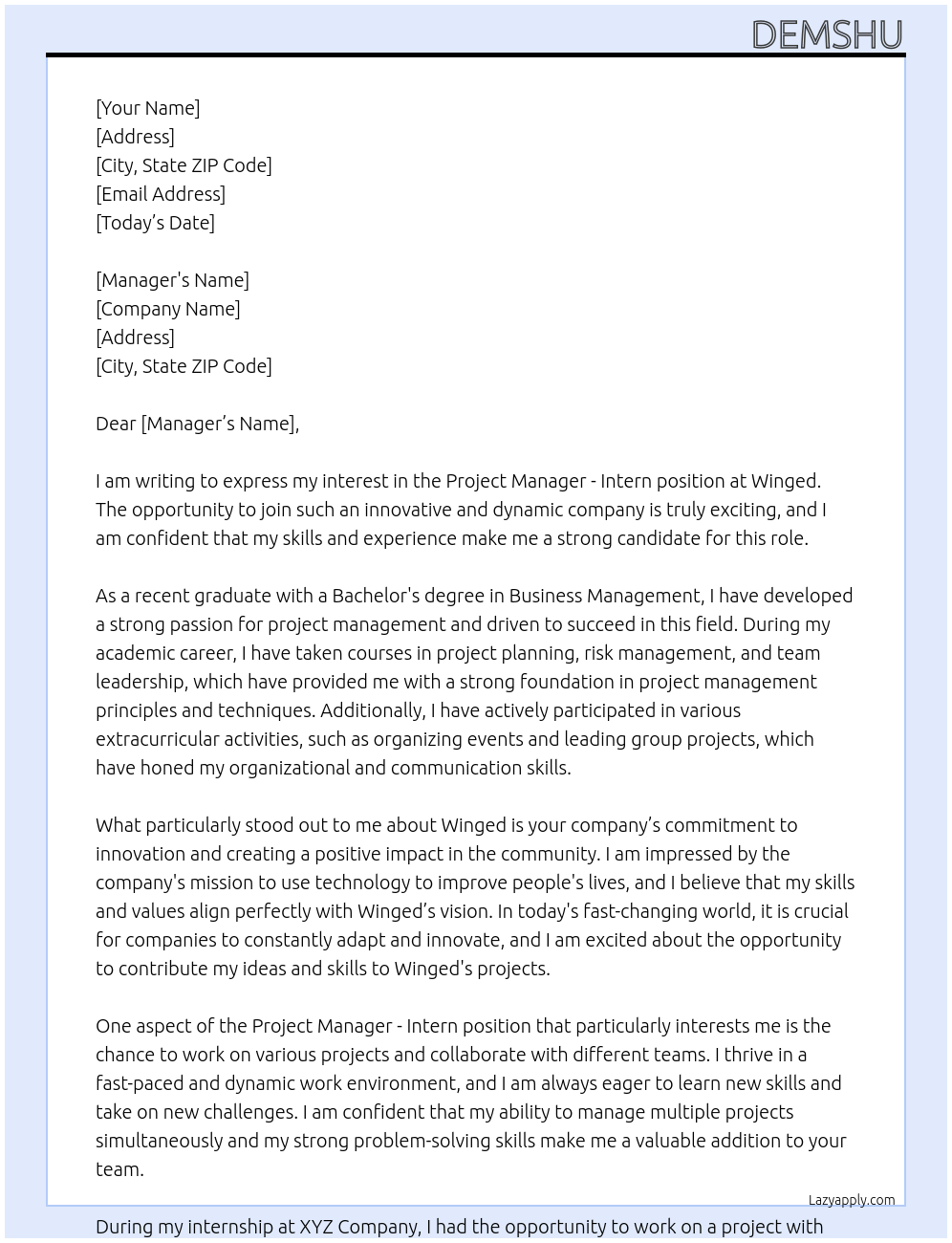 Project manager -intern  At Winged  Cover Letter