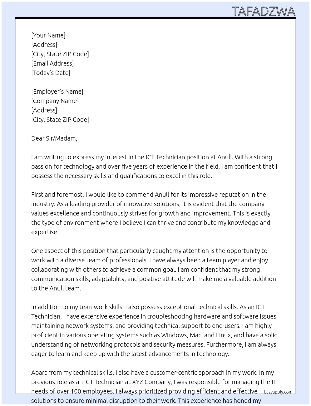 ICT TECHNICIAN At Anull Cover Letter