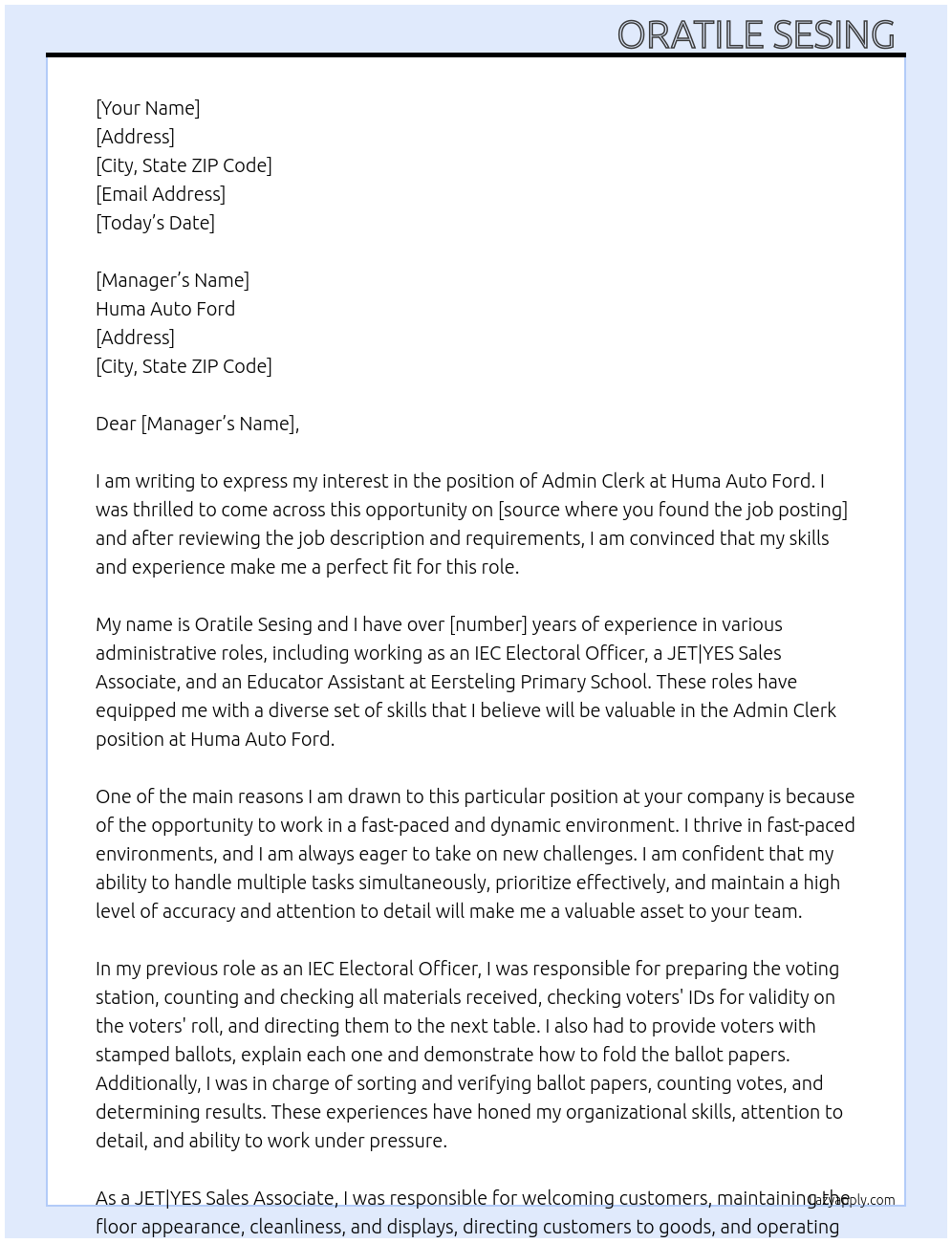 Admin clerk At Huma Auto Ford Cover Letter