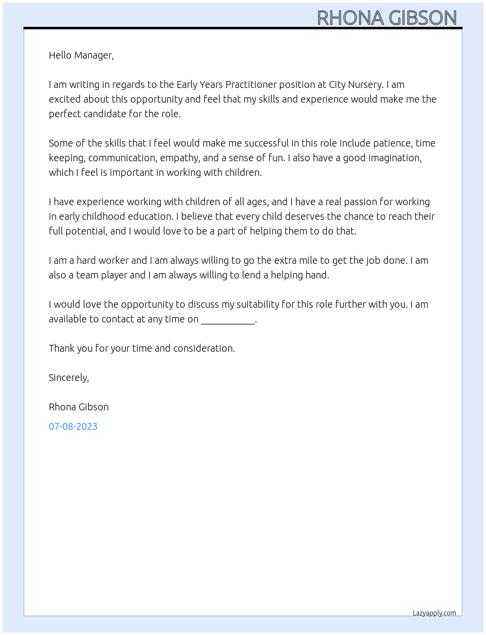 Early years practitioner  At City Nursery  Cover Letter