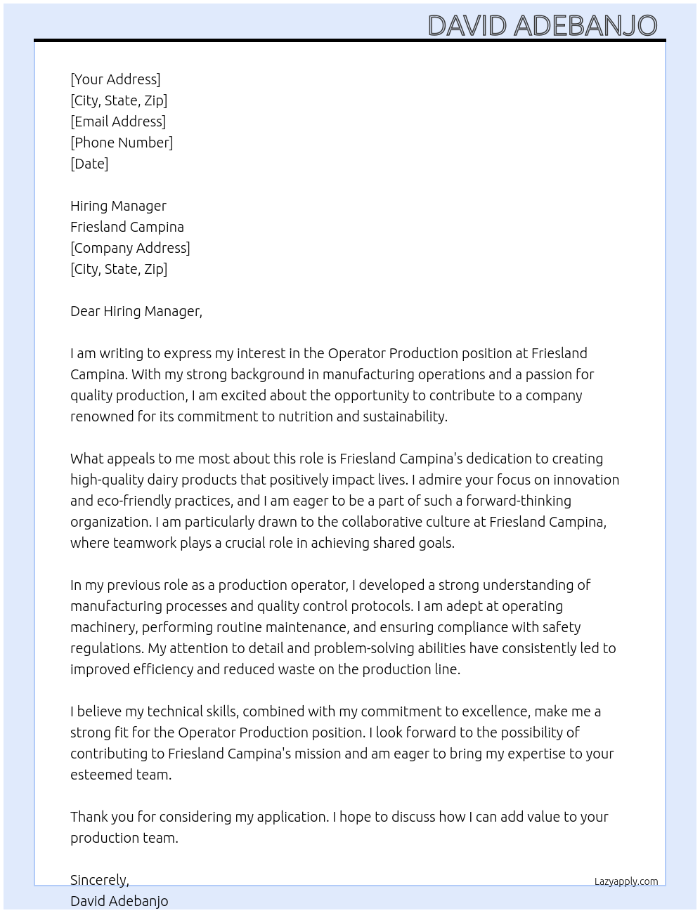 Cover letter for operator production - LazyApply